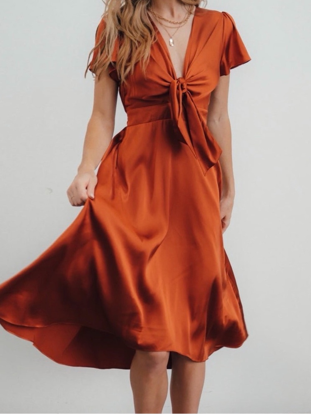 Baltic Born Poppy Rust Orange Satin Tie-Front Midi Dress